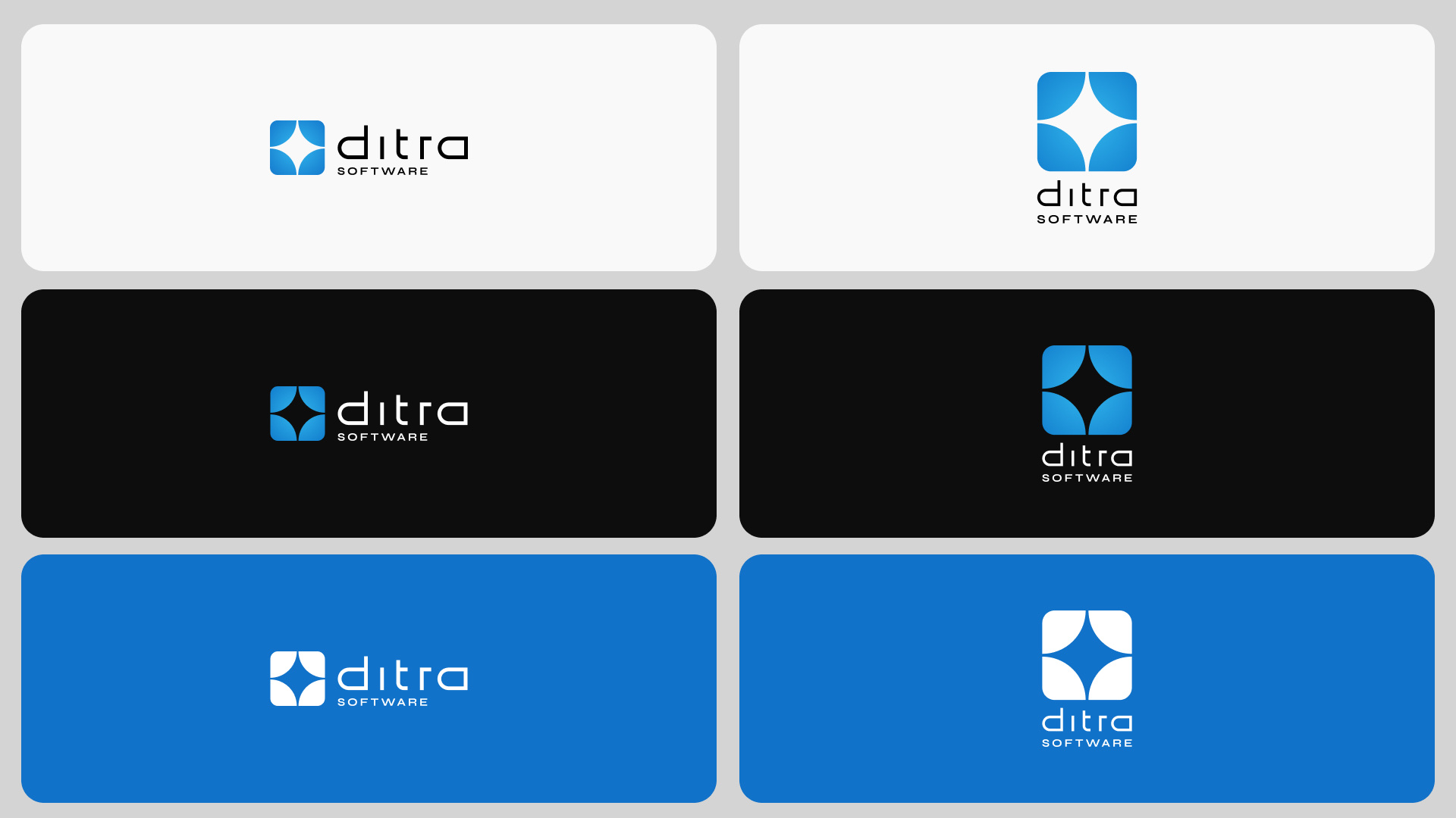 Ditra Software primary and secondary lockups across light, dark and brand-colour backgrounds