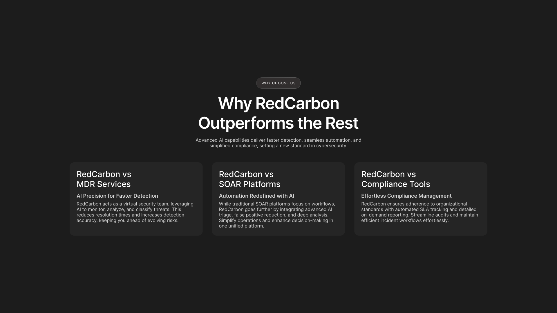The comparative section of the home page, set against MDR, SOAR and compliance tools